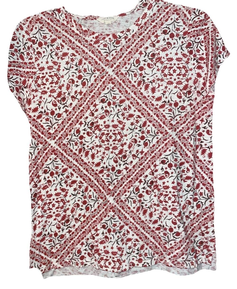 LUCKY BRAND Red/Ivory DIAMOND FLORAL TILE Crewneck BLOUSE/T-SHIRT/TOP Sz L Women